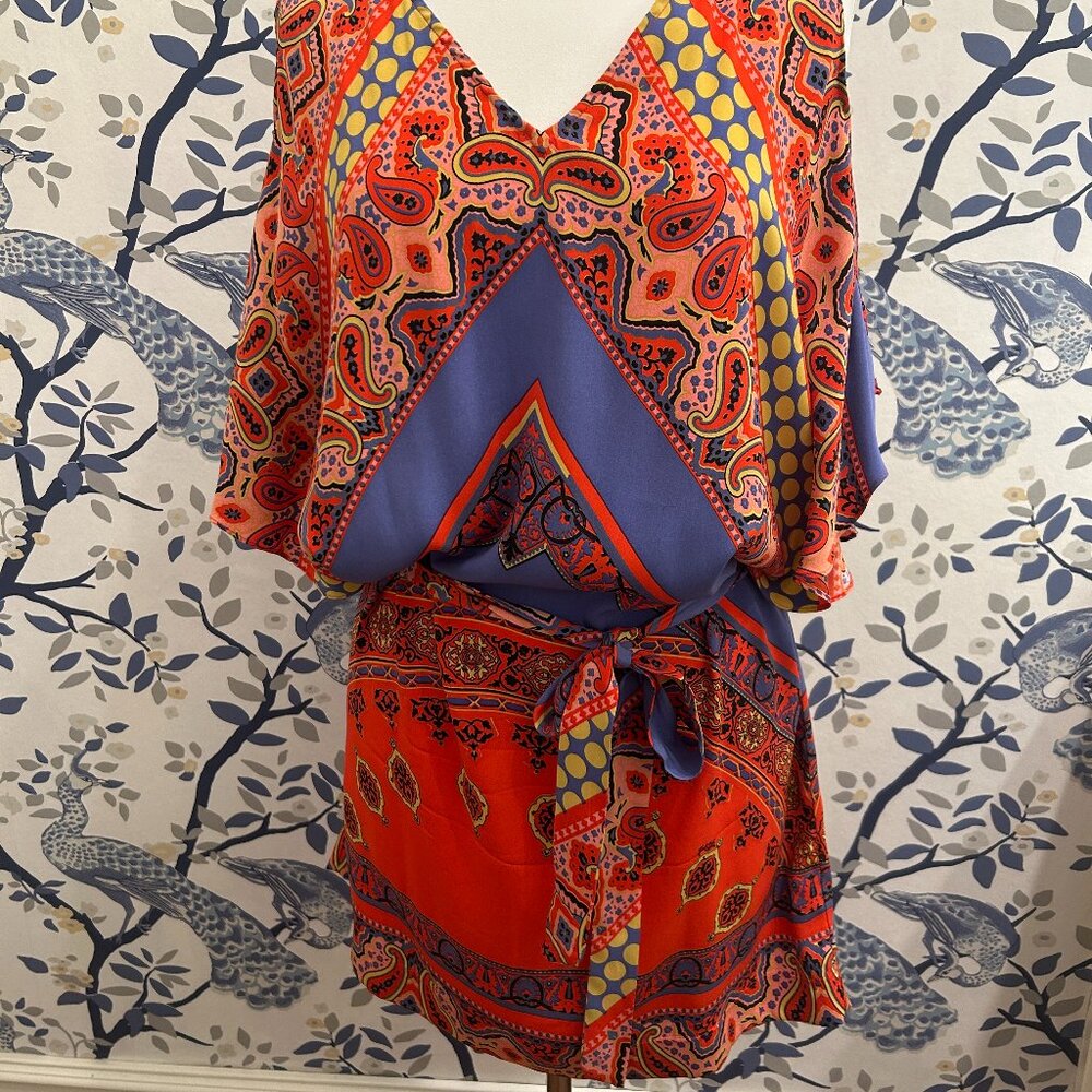 HALE BOB Silk Paisley Print Flowy Mini Dress Large Cold Shoulder Boho Chic